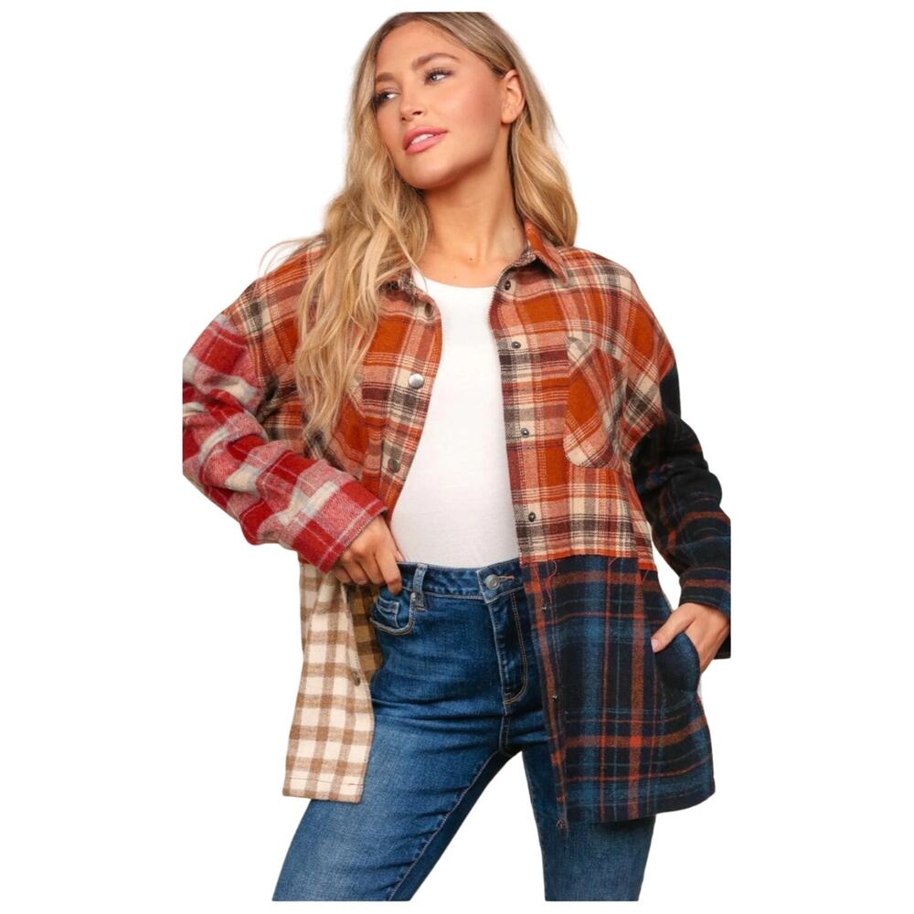 Flannel Loose Fit Color Block Snap Button Down Pl… - image 3